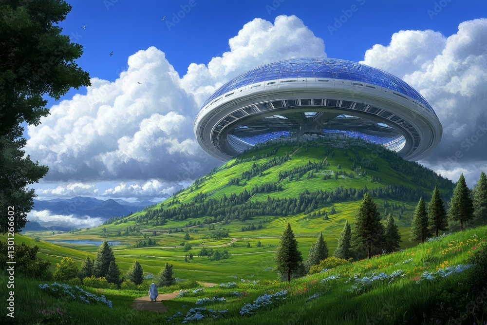 Poster a futuristic city protected by an advanced weather shield, preventing hurricanes from forming