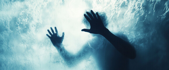 A shadowed figure with both hands pressed against a foggy glass, symbolizing isolation, longing, or separation with a soft light emanating from the background, evoking emotion and depth.