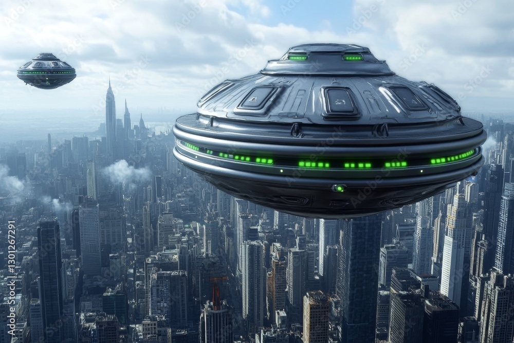 Aufkleber a futuristic city with floating air-purifying drones, trying to clear thick smog from the atmosphere