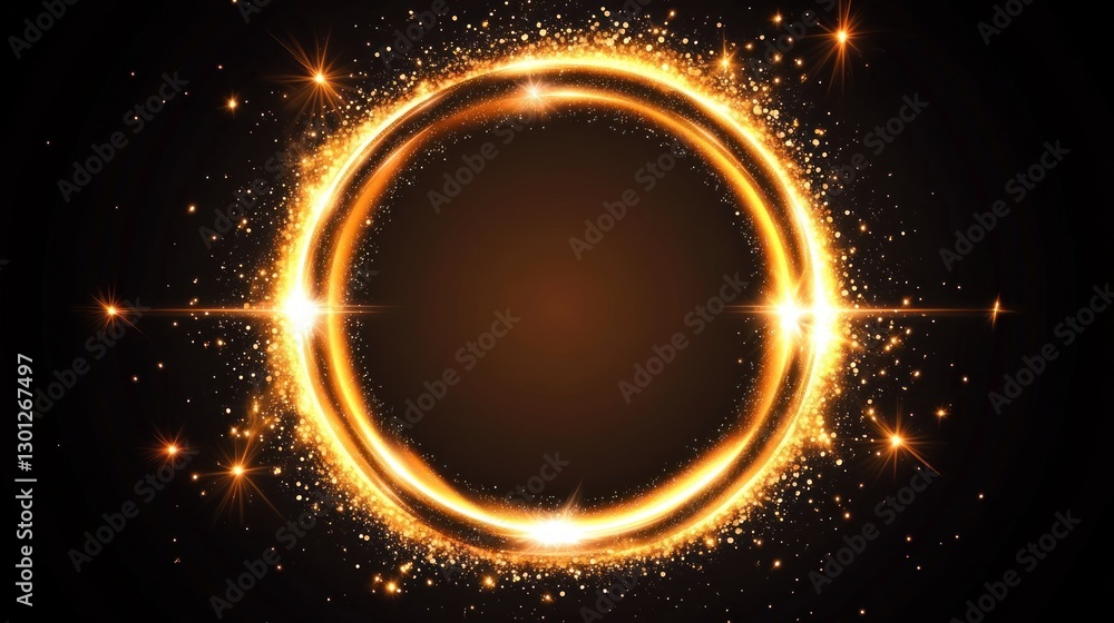 Poster glowing circle frame with sparkles and golden light on dark background