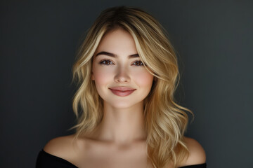 Fototapeta premium Young woman with long blonde hair smiling warmly against a dark background, showcasing natural beauty