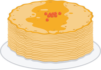 Stack of pancakes with caviar on a plate. Vector element in flat style on transparent background.