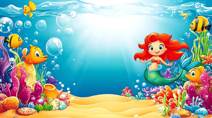 Obraz premium Cheerful underwater scene with a mermaid and colorful fish in a vibrant ocean setting copy space 