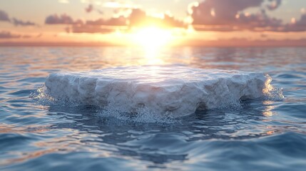 Naklejka premium An empty white square podium on transparent clear calm water with splashes and waves in sunlight.