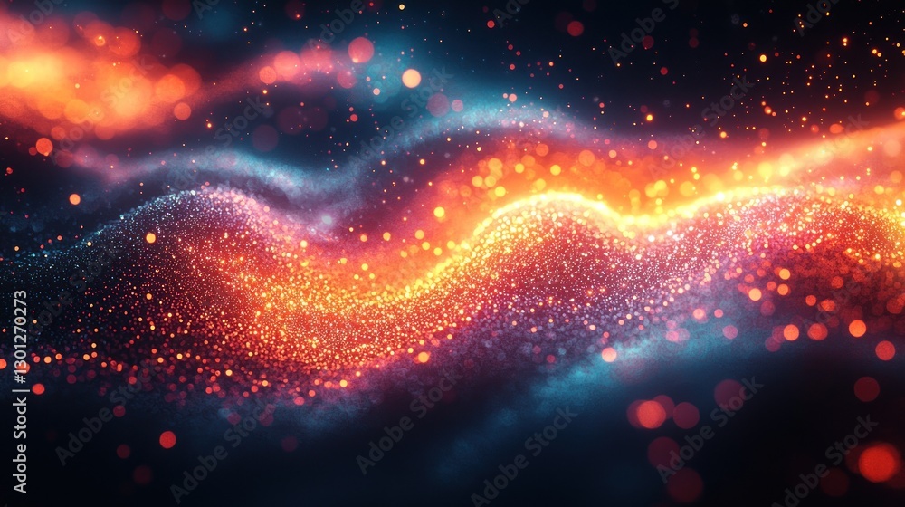 Poster glowing particles flowing in wavy lines against dark background abstract design