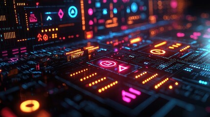 Fototapeta premium Futuristic Technology Circuit Board with Neon Lights and Complex Details