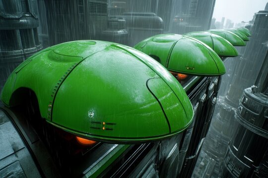 A futuristic mega-city where acid rain-resistant umbrellas glow with neon colors, shielding pedestrians from toxic downpours