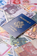 International passport of a citizen of USA on a against the paper banknotes