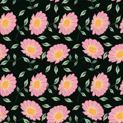 Abstract seamless pattern with hand drawn vintage groovy daisy flowers.