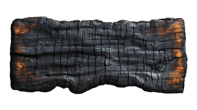 Burnt wooden board, isolated on transparent background. PNG