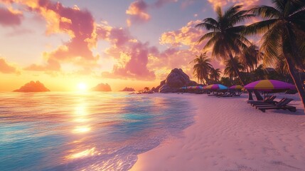 Panoramic view of a paradise beach at sunset