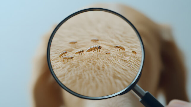 Magnified view of fleas infesting animal fur, highlighting pest issues and the need for pet care and grooming for maintaining animal health and comfort.