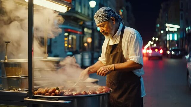 Asian Street Food Vendor Cooks Meatballs at Night Market with City Lights