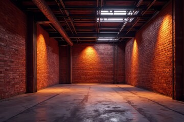 Industrial Warehouse Interior with Brick Walls and Spotlights