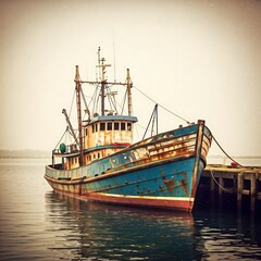 Vintage Distressed Fishing Trawler Docked at Pier