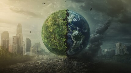 powerful illustration of the Earth, one side lush and green, the other side destroyed by pollution, symbolizing the importance of taking action now