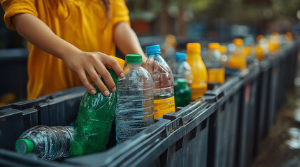 In a vibrant city setting, a child in a bright yellow shirt carefully places plastic bottles into a recycling bin, promoting sustainability and environmental awareness during a local initiative