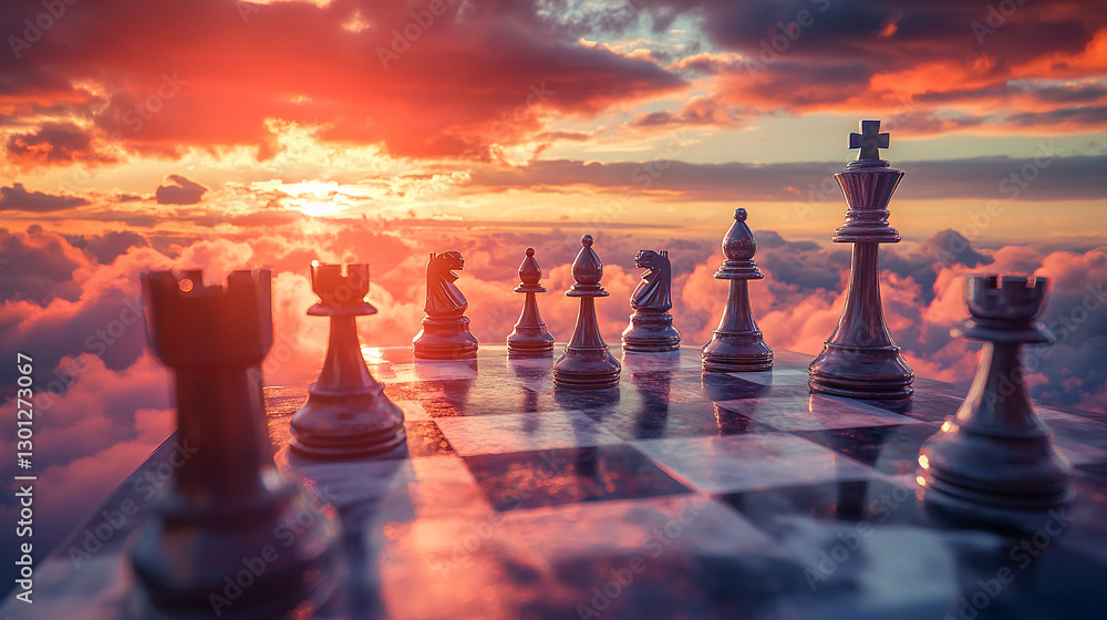 Aufkleber a chessboard floating in the clouds with metal pieces illuminated by a colorful sunset, symbolizing 