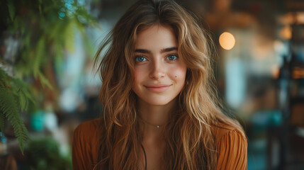 Fototapeta premium A young woman with flowing hair and captivating blue eyes exudes warmth as she smiles softly. She is seated in a charming café adorned with lush plants, creating a peaceful setting