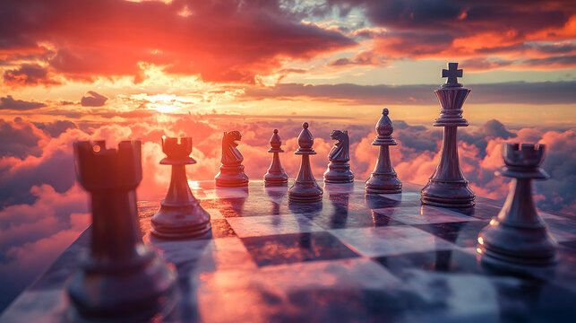 A chessboard floating in the clouds with metal pieces illuminated by a colorful sunset, symbolizing strategy, competition, and surrealism in a dreamy, celestial setting.