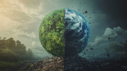 powerful illustration of the Earth, one side lush and green, the other side destroyed by pollution, symbolizing the importance of taking action now