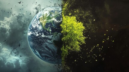 powerful illustration of the Earth, one side lush and green, the other side destroyed by pollution, symbolizing the importance of taking action now