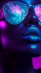 Fototapeta premium Close-up of a person wearing reflective sunglasses with neon purple and blue colors, symbolizing modern beauty, futuristic fashion, and digital aesthetics.