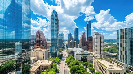 Fototapeta premium A breathtaking aerial view of an urban corridor lined with tall commercial buildings.