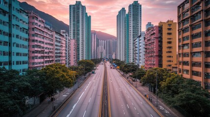 A breathtaking vanishing point perspective of a street between two towering skyscrapers.
