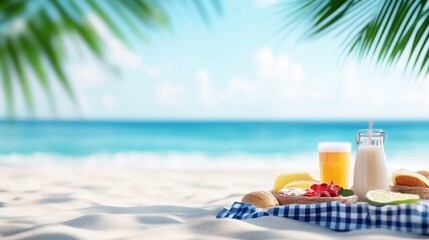 Beach Picnic Bliss - A refreshing beach picnic scene with drinks, fruits, and snacks on a checkered blanket, set against a tranquil ocean backdrop