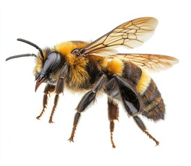 Close-up of a vibrant honey bee showcasing intricate details of its wings, body structure, and colors against a clean white background, perfect for nature themes