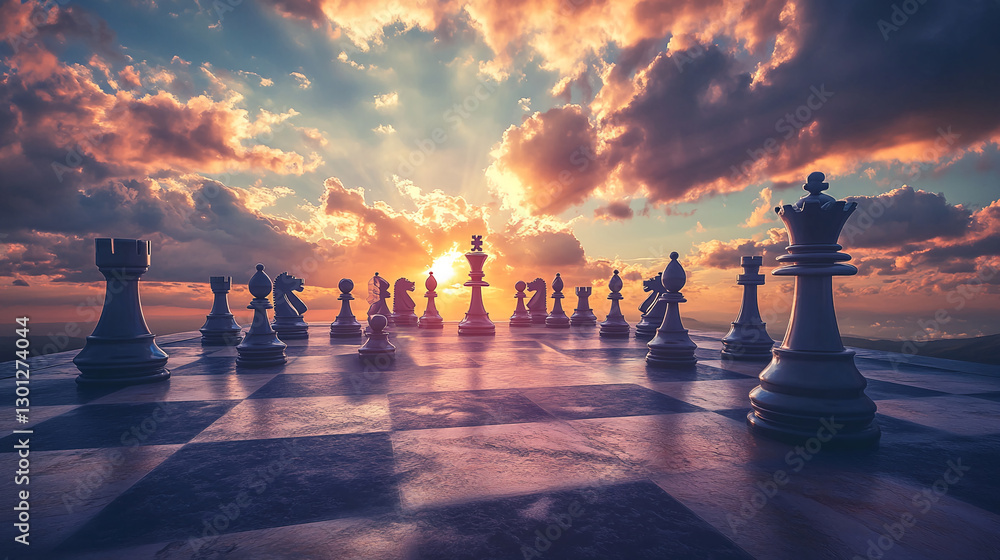 Poster a dramatic view of a chessboard with white chess pieces set against a stunning sunset and clouds, sy
