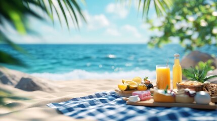 Obraz premium Beach Picnic Feast - A delightful beach picnic scene with fresh fruit, cheese, pastries and orange juice, set against a stunning ocean backdrop