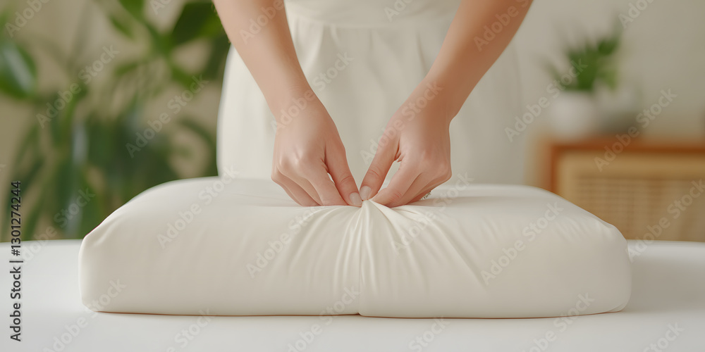 Poster hands adjust a plush white cushion in a bright room, emphasizing its soft texture and inviting comfo