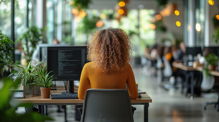 A woman with curly hair sits at a desk in a contemporary office space filled with plants. She focuses on her computer screen amidst a bustling environment, reflecting productivity