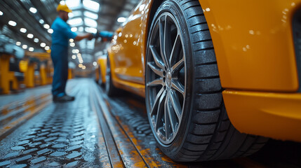 A skilled technician checks the tire of a stunning yellow sports car, surrounded by the efficient settings of a contemporary workshop with advanced equipment and vibrant lighting