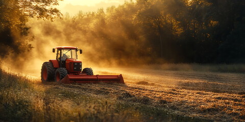 Fototapeta premium A tractor plowing the field at sunset creating