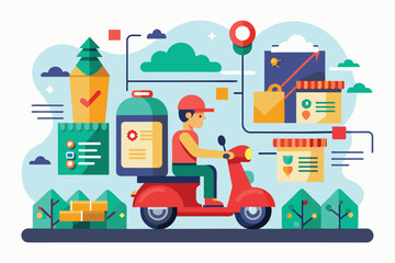 Fototapeta premium A delivery rider on a scooter is shown navigating urban streets, surrounded by order-related graphics, Order ride Customizable Flat Illustration