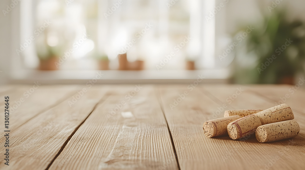 Poster rustic wooden table setting with corks in foreground, bathed in soft light. a window with plants pro