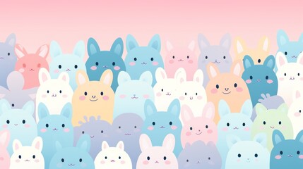 Obraz premium Pastel parade, a whimsical gathering of cuddly bunnies against a soft blush backdrop