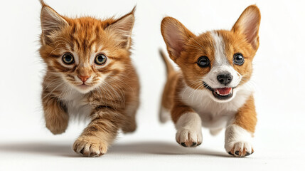 Two adorable pets, a fluffy orange tabby kitten and a lively corgi puppy, dash towards the camera with excitement, embodying the spirit of playfulness and companionship