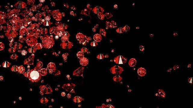 Lot of red ruby falling on a black table. Falling jewelry close up