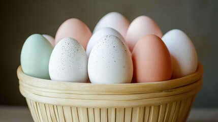A close-up of an elegantly arranged basket filled with matte-colored eggs on a smoky gray background.