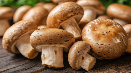 Group of freshly harvested mushrooms sprawled across a rustic wooden table, highlighting their rich textures and earth tones, surrounded by hints of greenery in the background