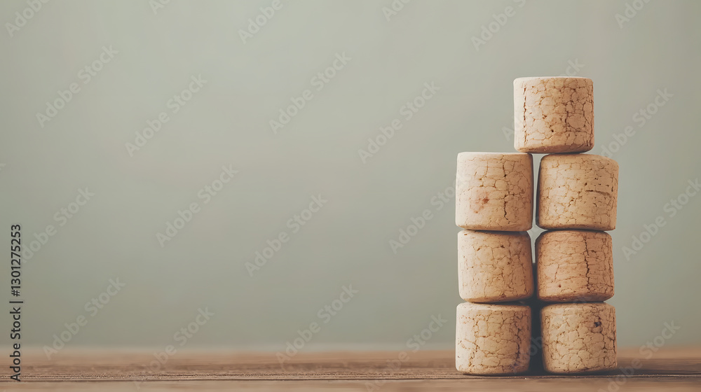 Poster stacked cork stoppers create a rustic pyramid. neutral background emphasizes the texture and color o