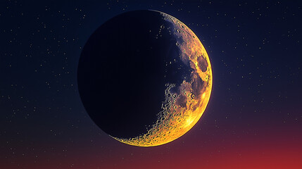 A crescent moon hangs majestically in the deepening twilight sky, its textured surface illuminated softly. Stars shimmer in the backdrop, creating a tranquil ambiance of nighttime wonder