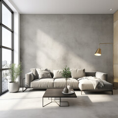 Modern living room with gray sofa, minimalist decor, and large windows. space features coffee table, plant, and warm lighting, creating cozy atmosphere
