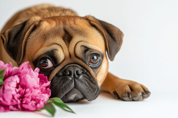 Obraz premium Ginger pug dog, pink peonies bouquet near, studio shot, white background