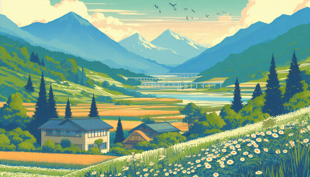 landscape with mountains. minimal clipart.