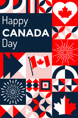 Obraz premium Happy Canada Day Modern mosaic banner with geometric shapes, fireworks, maple leaf. Canada independence day.